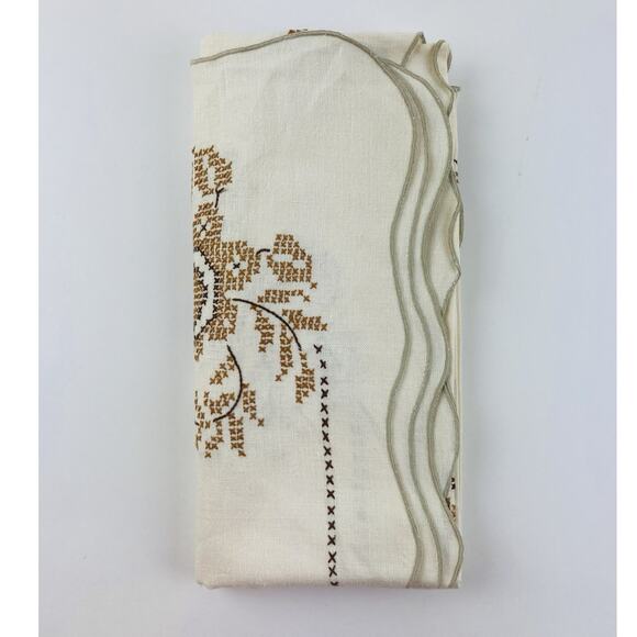 VTG Tablecloth Hand Embroidered CROSS STITCH Cream Brown Floral Neutral Taupe Es - Picture 5 of 16